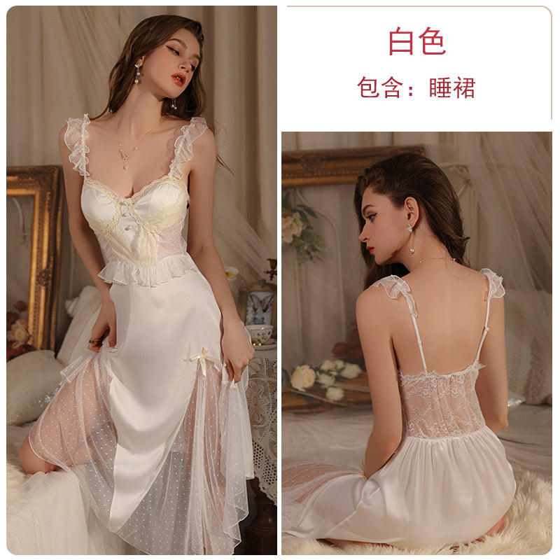 Pure lust style pajamas, feminine sheer long skirt, summer ice silk retro Gong Yan princess style sweet nightgown, home clothes