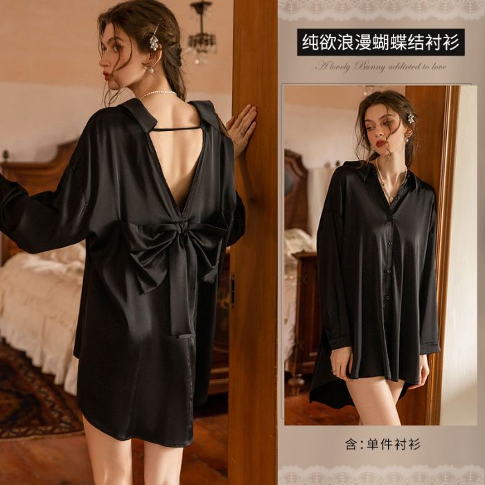 High-grade spring and autumn boyfriend style white shirt dress pure desire backless bow ice silk nightdress sexy pajamas women