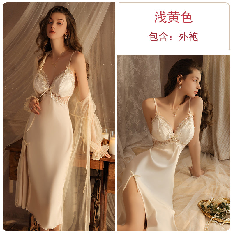 Enchanting and Seductive Emerald Green Satin Nightdress with Delicate Lace Inserts and Side - Split Bow Detail