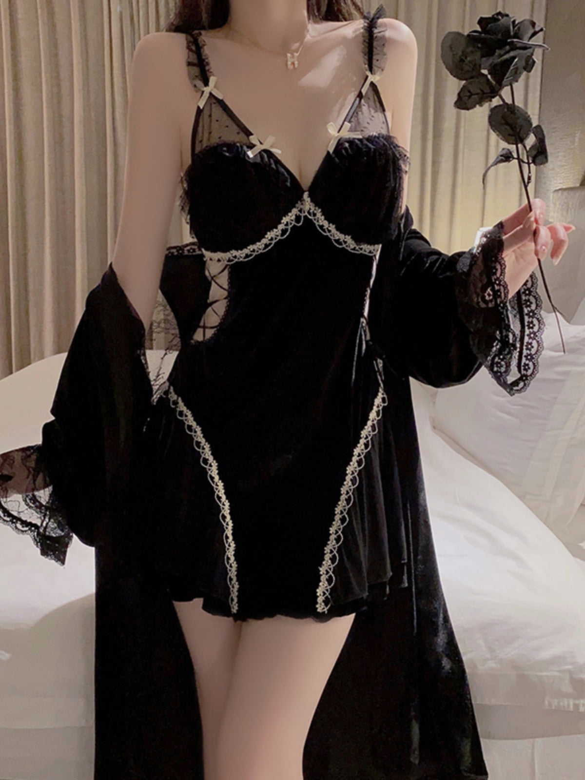 Exquisitely Feminine Ivory Lace - Trimmed Satin Nightdress with Ruffle and Bow Details