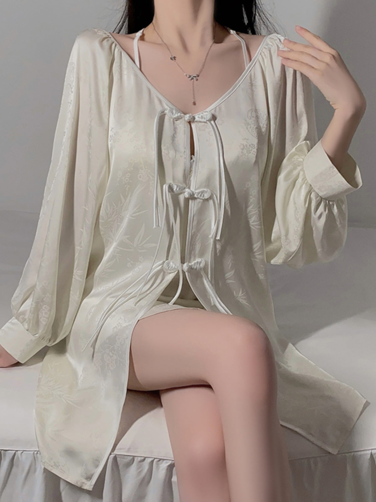 Chinese style retro jacquard pajamas female lace halter neck suspender nightdress summer with chest pad ice silk home clothes