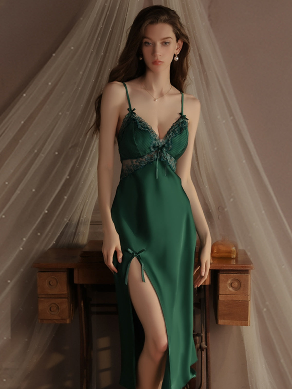 Enchanting and Seductive Emerald Green Satin Nightdress with Delicate Lace Inserts and Side - Split Bow Detail