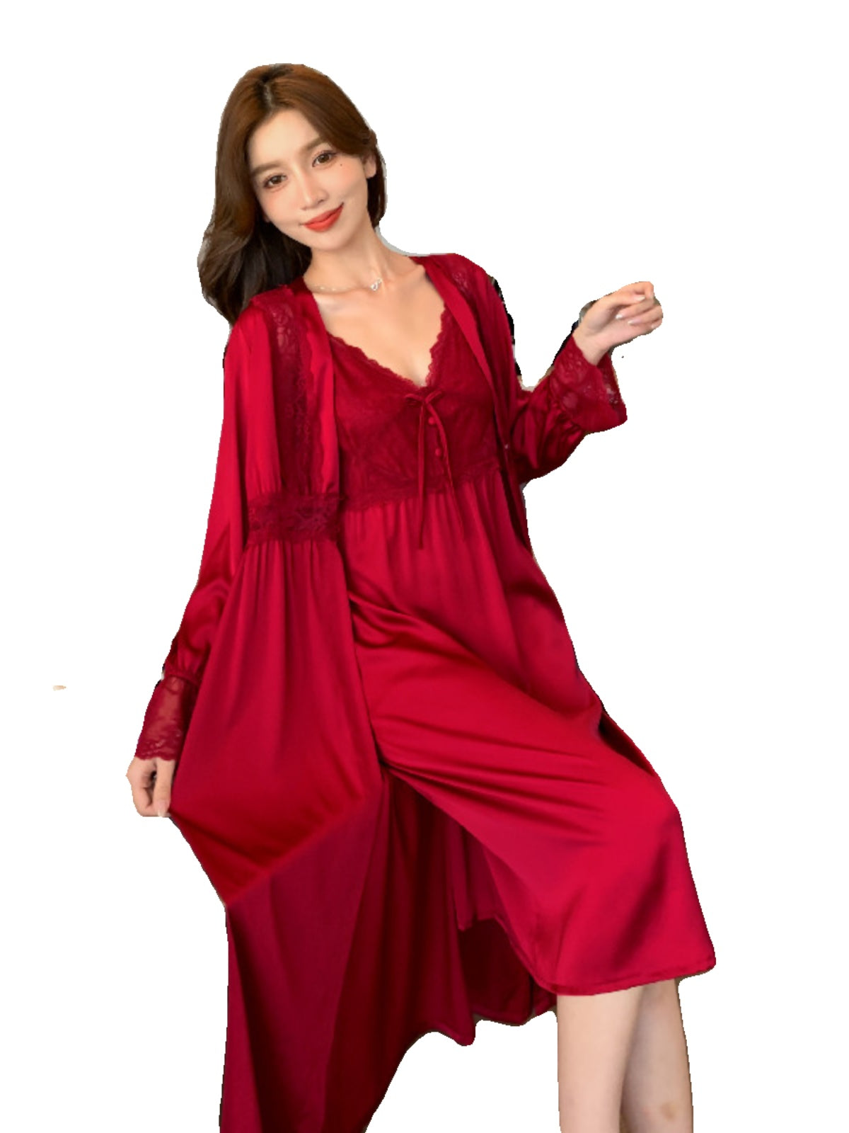 Red Pajamas for Women Spring and Summer Sexy Pure Desire With Breast Pad Wedding Suspender Nightgown Two-piece Set Ice Silk Long Style Women