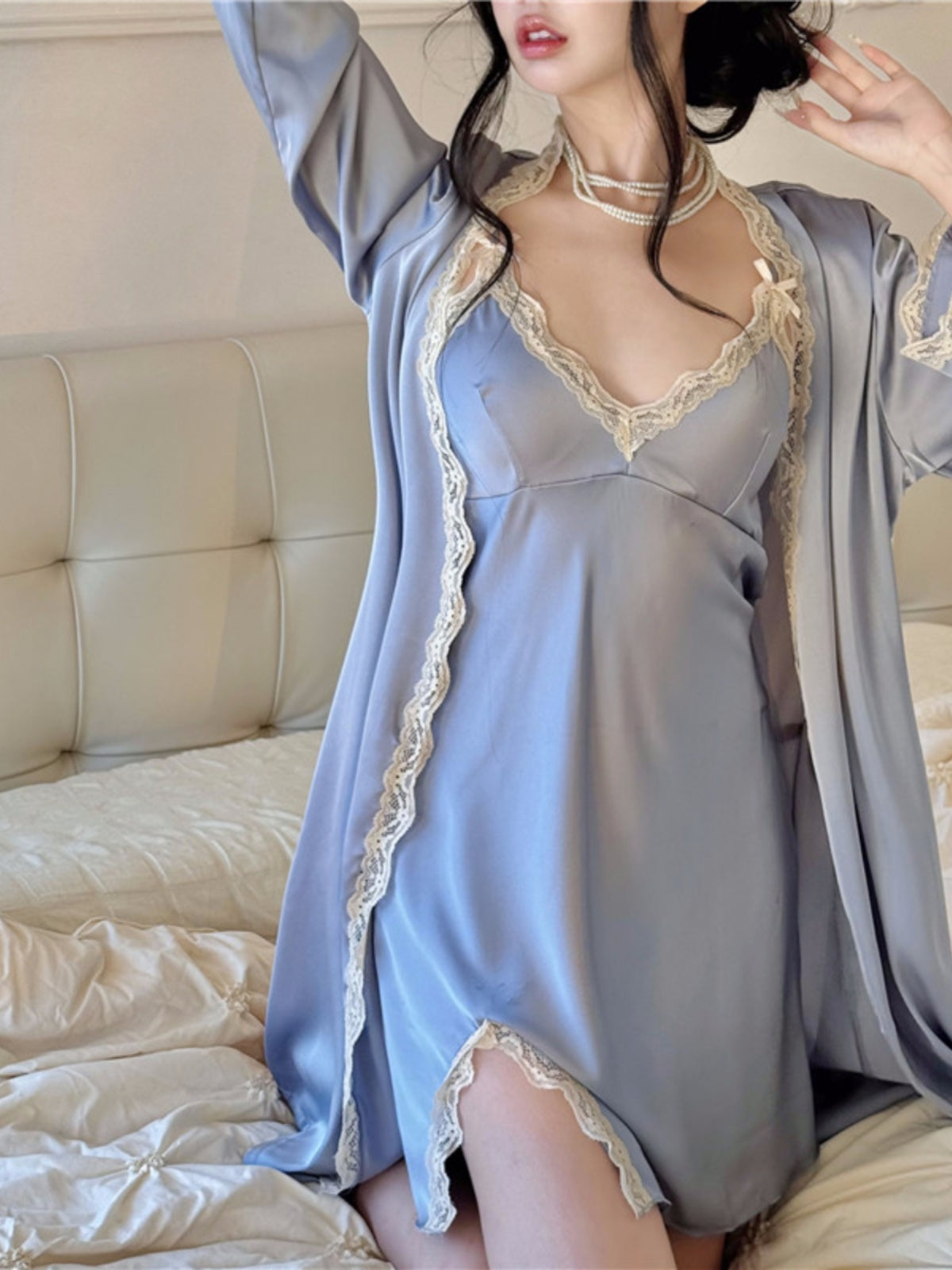 Sexy pajamas for women in spring and summer new style high-end ice silk thin solid color slit with chest pad suspenders nightgown