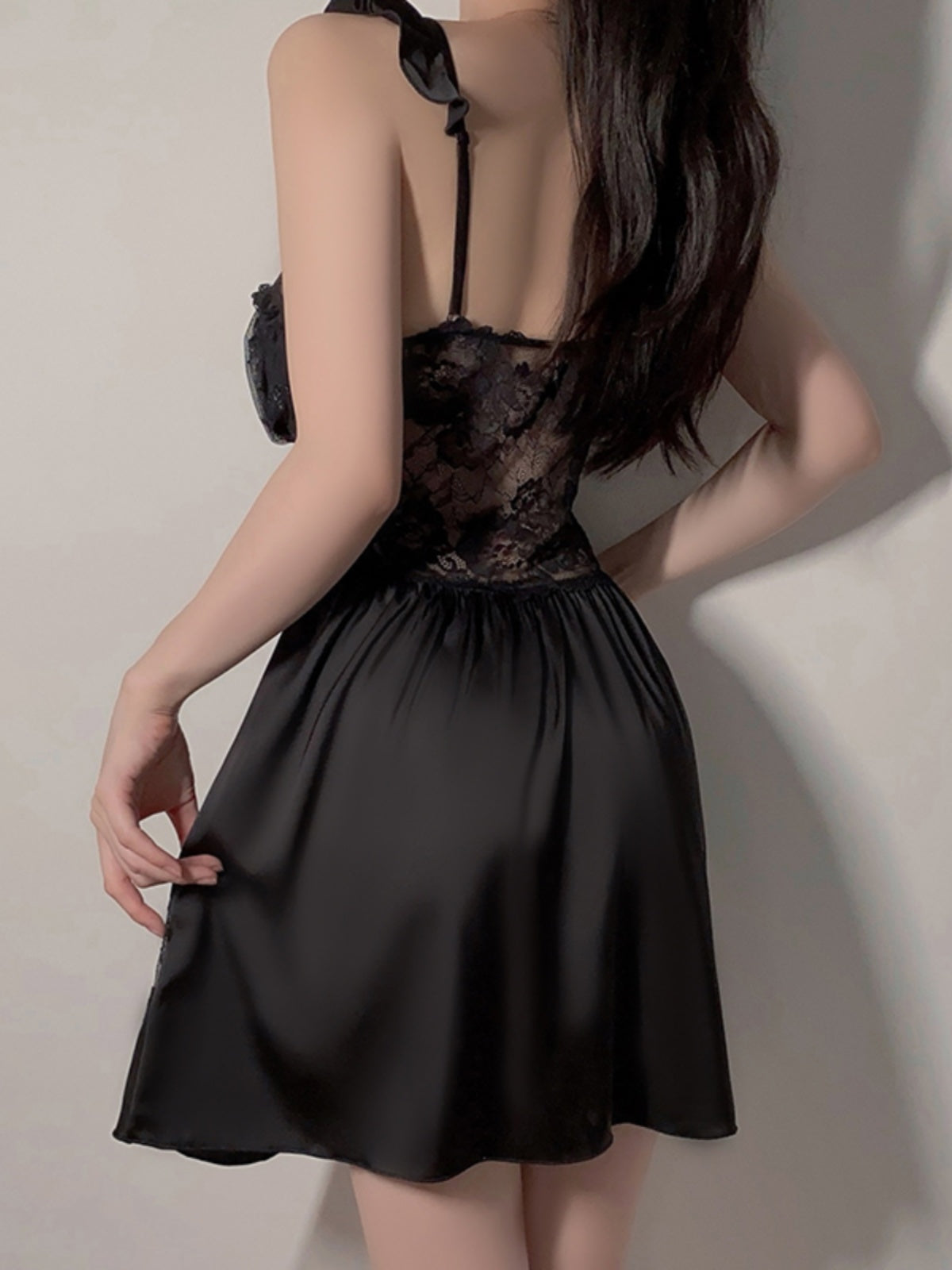 Passionately Alluring: Black Satin and Lace Babydoll Nightdress for Intimate Moments