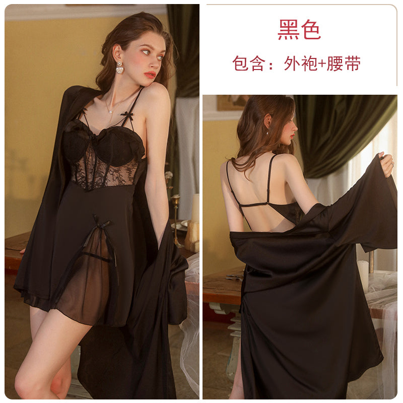 Sexy and tempting! Black lace suspender nightgown suit, unlock your charming charm