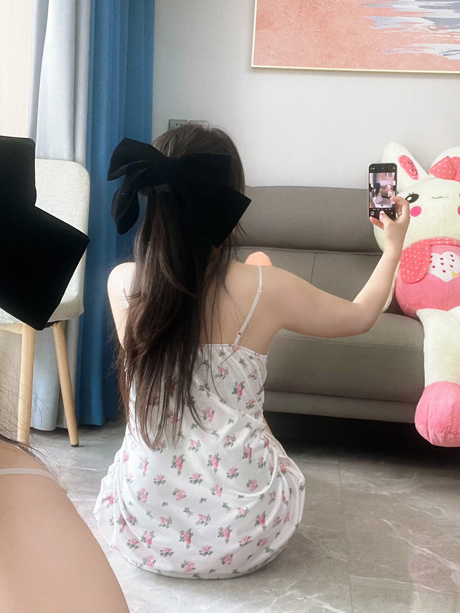 Large size sexy pajamas for women summer thin section fat mm sweet floral pure lust princess style lace with breast pad suspender nightgown sexy lingerie