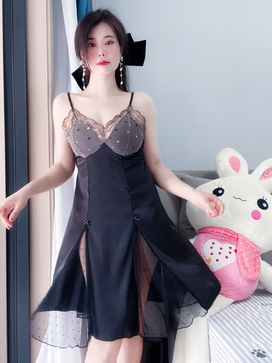 Passionately Alluring: Plus - Size Nightdress for Curvy Beauties - Black Satin with Mesh Splicing and Lace - Trimmed Bust for Intimate Moments 200 Jin Fat mm Sexy Underwear