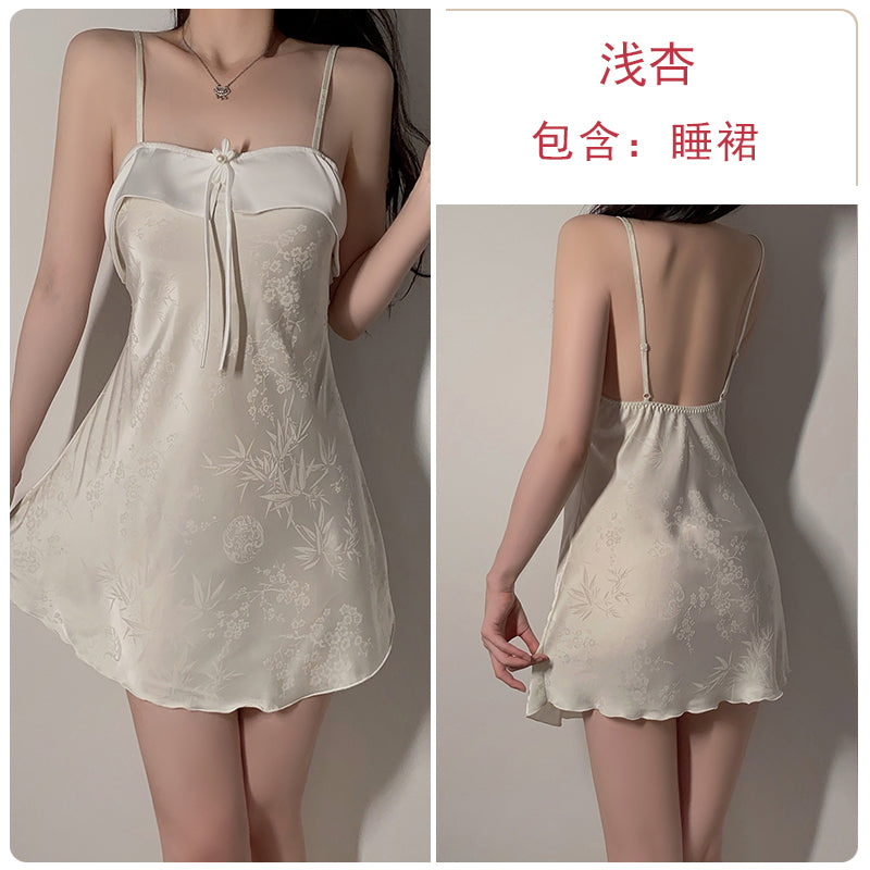 Light luxury pure lust style pajamas for women, sweet retro jacquard ice silk sexy backless suspender nightgown, home wear