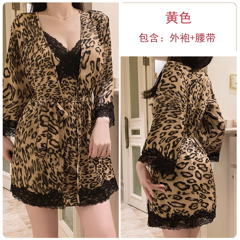 New leopard print pajamas for women, pure desire style, deep V underwear with chest pads, suspenders, nightdress, outer robe, home clothes