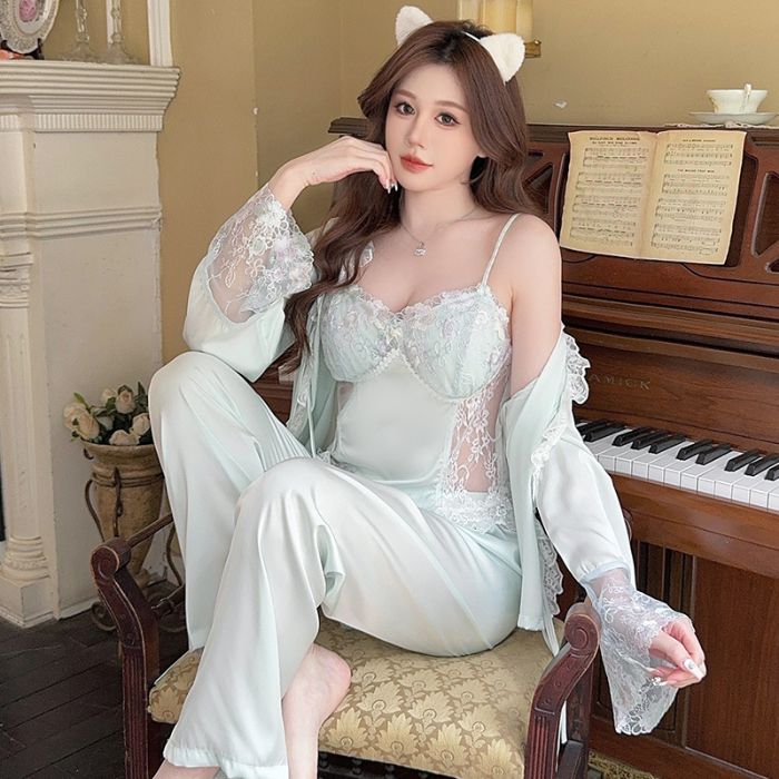 Ice silk sexy pajamas for women in spring and summer pure desire style lace sling outer robe three-piece set light luxury high-end home clothes