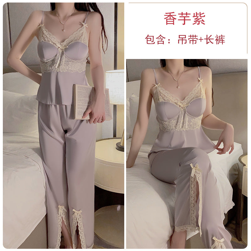 Elegant Allure: Lavender Lace - Trimmed Satin Pajama Set
