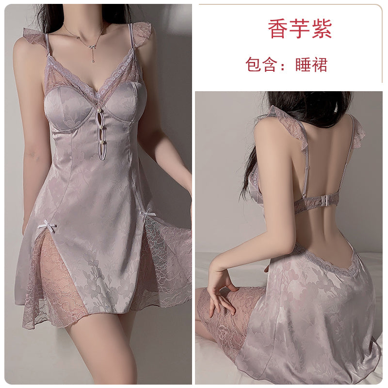 Summer new sexy pajamas women's retro print with chest pad suspenders nightgown plus size underwear ice silk home clothes