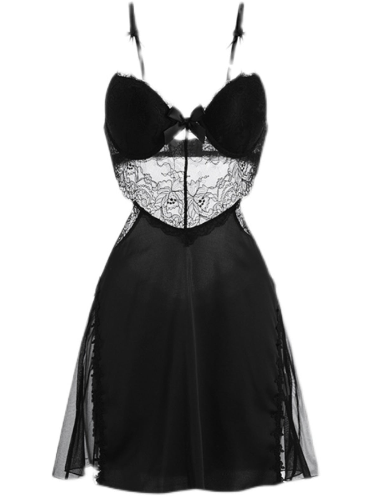 Seductive Black Lace - Paneled Satin Cami Babydoll Nightdress with Strappy Details for a Charming Look