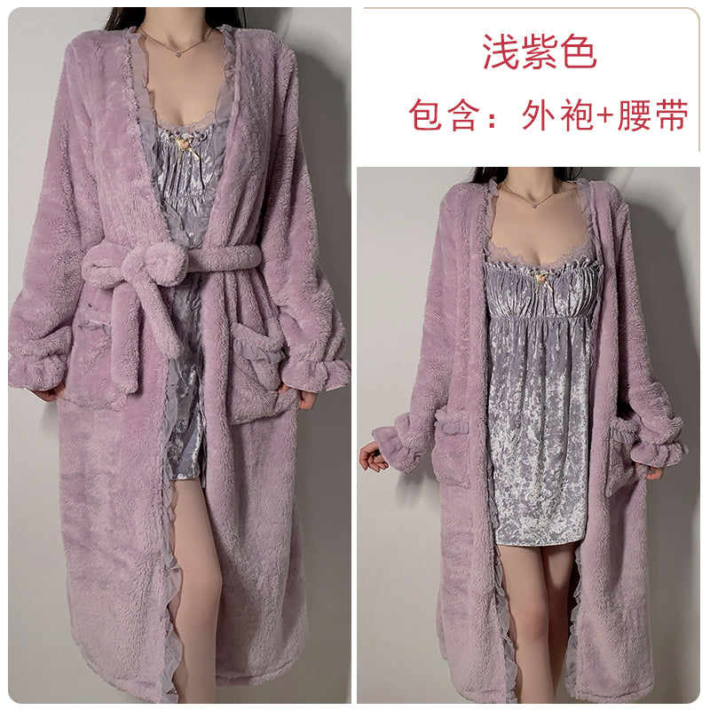Glamorous and Graceful: Ivory Satin Babydoll with Delicate Lace Trim and Matching Long - Sleeved Robe with Lace - Paneled Cuffs Pajamas Loungewear