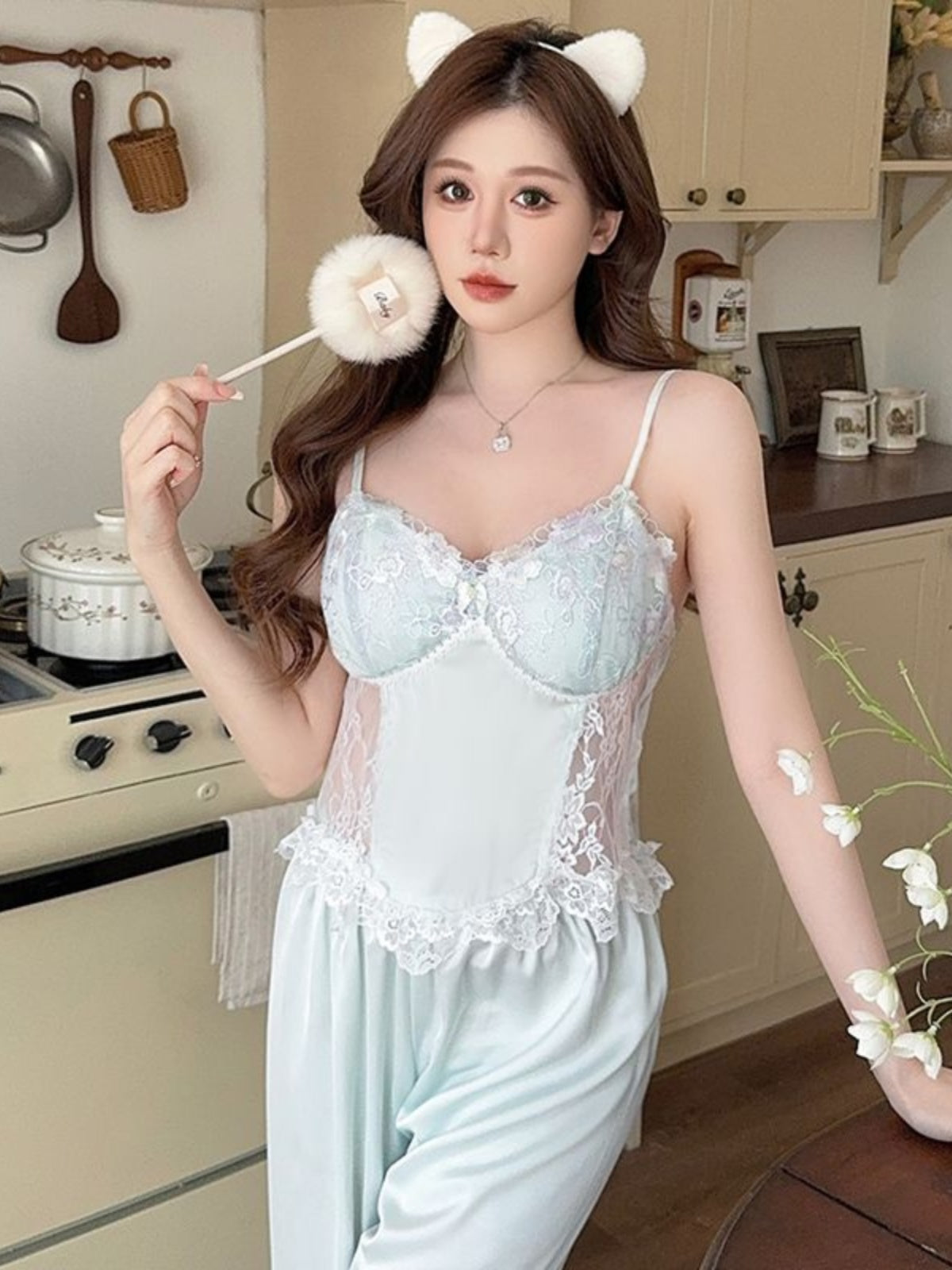 Ice silk sexy pajamas for women in spring and summer pure desire style lace sling outer robe three-piece set light luxury high-end home clothes
