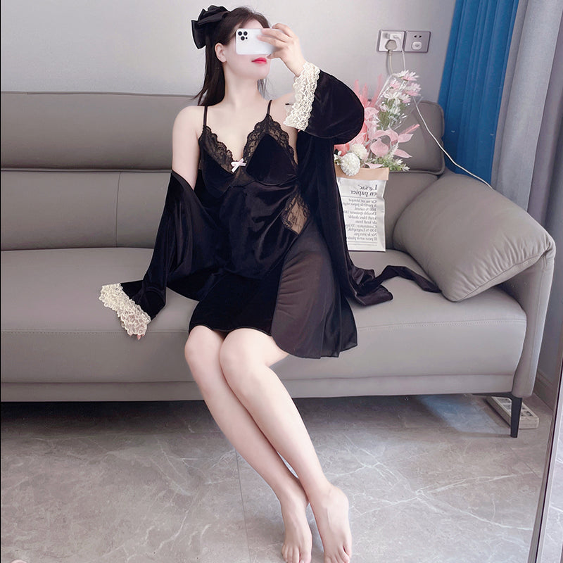 Pajamas with breast pads for women plus size fat mm autumn and winter sexy lace gold velvet nightgown nightgown two-piece home wear set