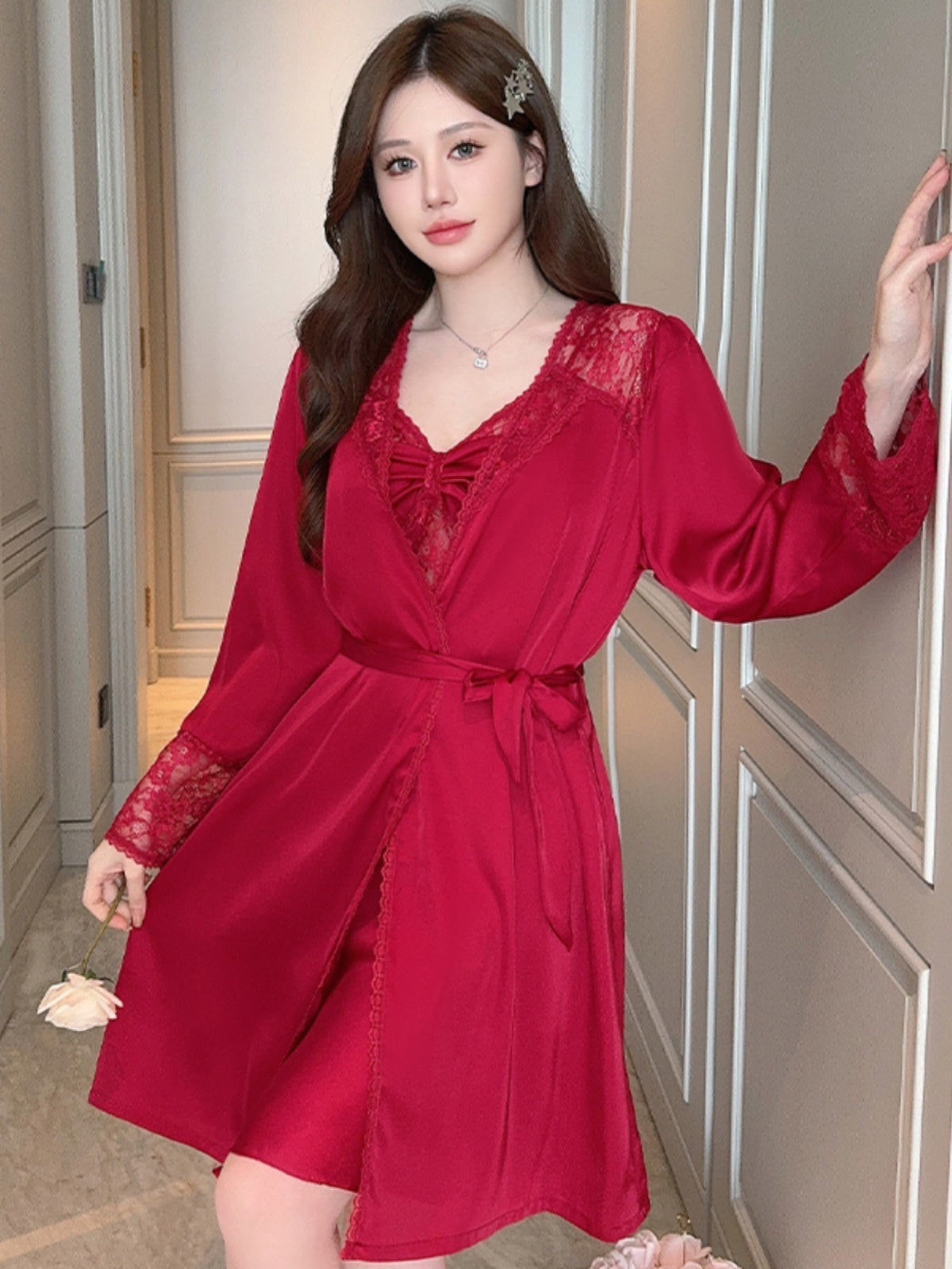 Passionate Red Satin Cami Nightdress Set with Lace Detailing and Matching Robe - Exude Elegance and Charm