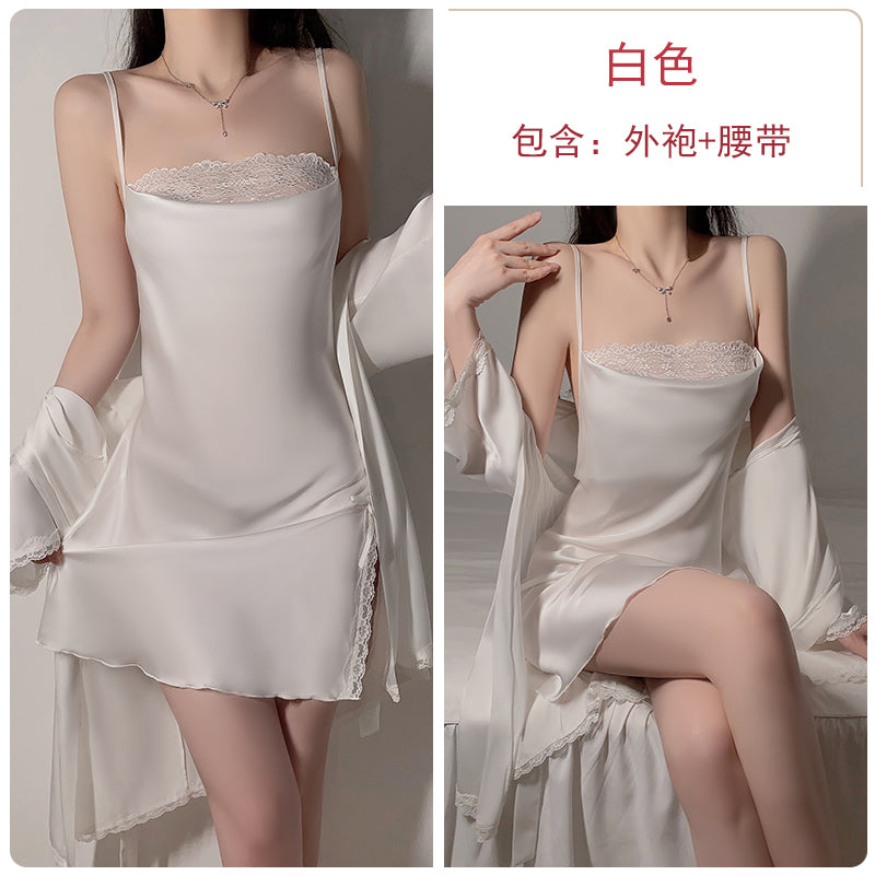 Sexy slit double-layer swing collar lace pajamas women summer French simple outer robe ice silk suspenders nightdress home clothes