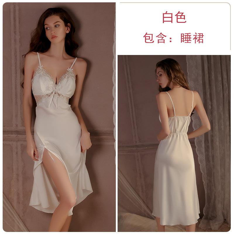 Enchanting and Seductive Emerald Green Satin Nightdress with Delicate Lace Inserts and Side - Split Bow Detail