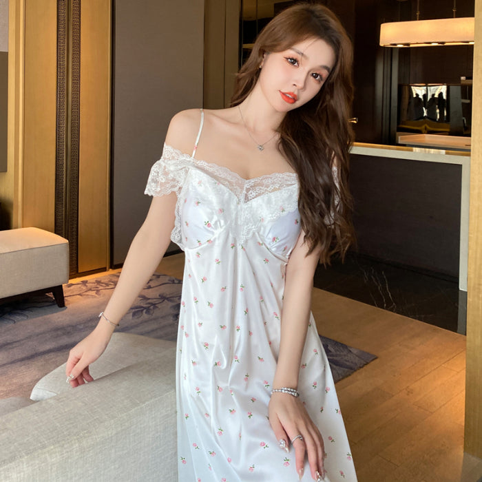 High-end sexy pajamas for women with breast pads and suspenders, summer style Internet celebrity wind ice silk thin long skirts and home clothes