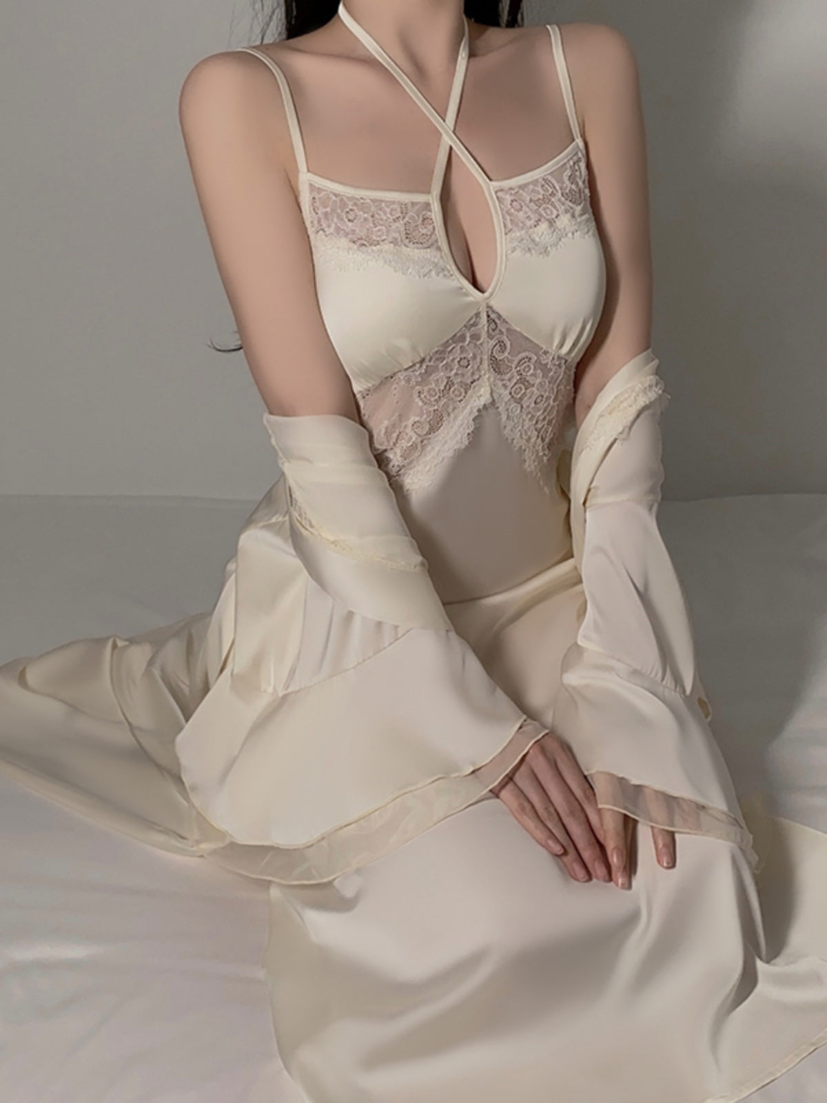 Alluring and Graceful: Flesh - toned Satin Lingerie Dress with Exquisite Lace Inserts, Cross - Halter Design, Paired with a Flowy Long Robe