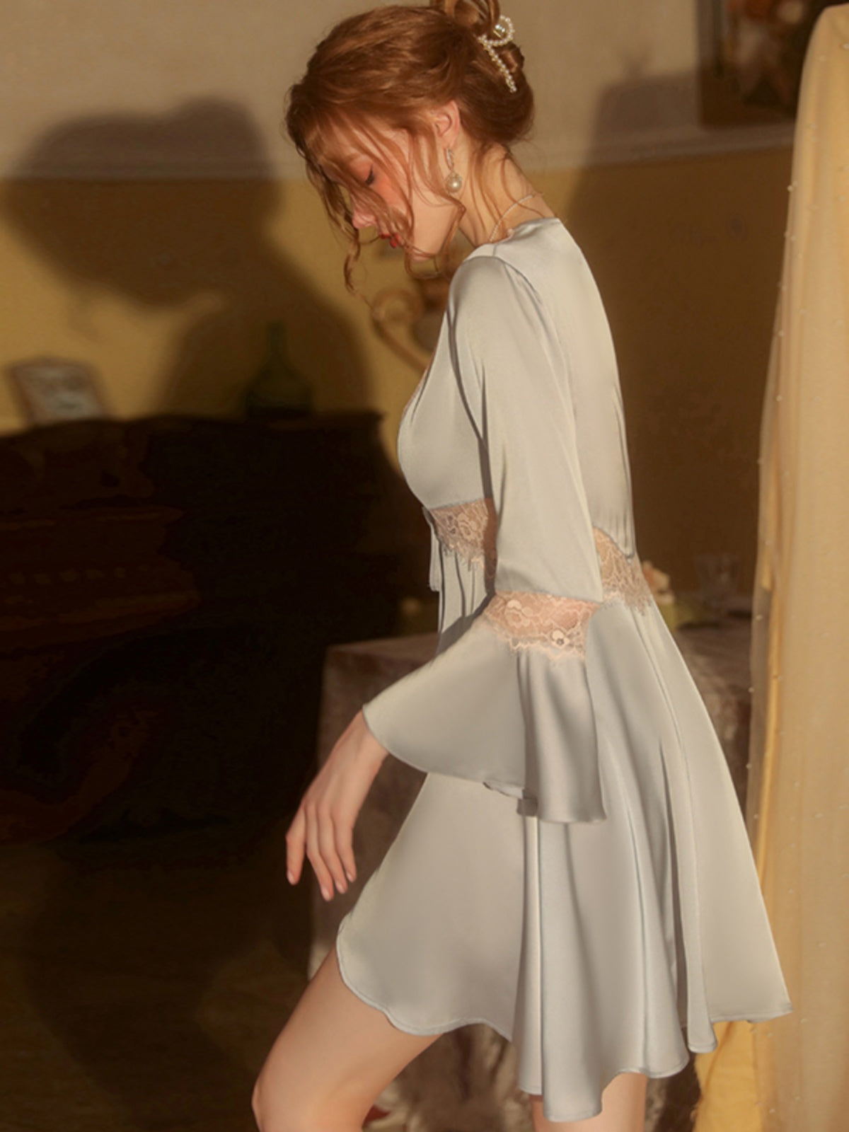 Pajamas for women in spring and autumn, thin pajamas for women in summer, ice silk sexy lace bathrobes, high-end nightgowns, dressing gowns, home clothes