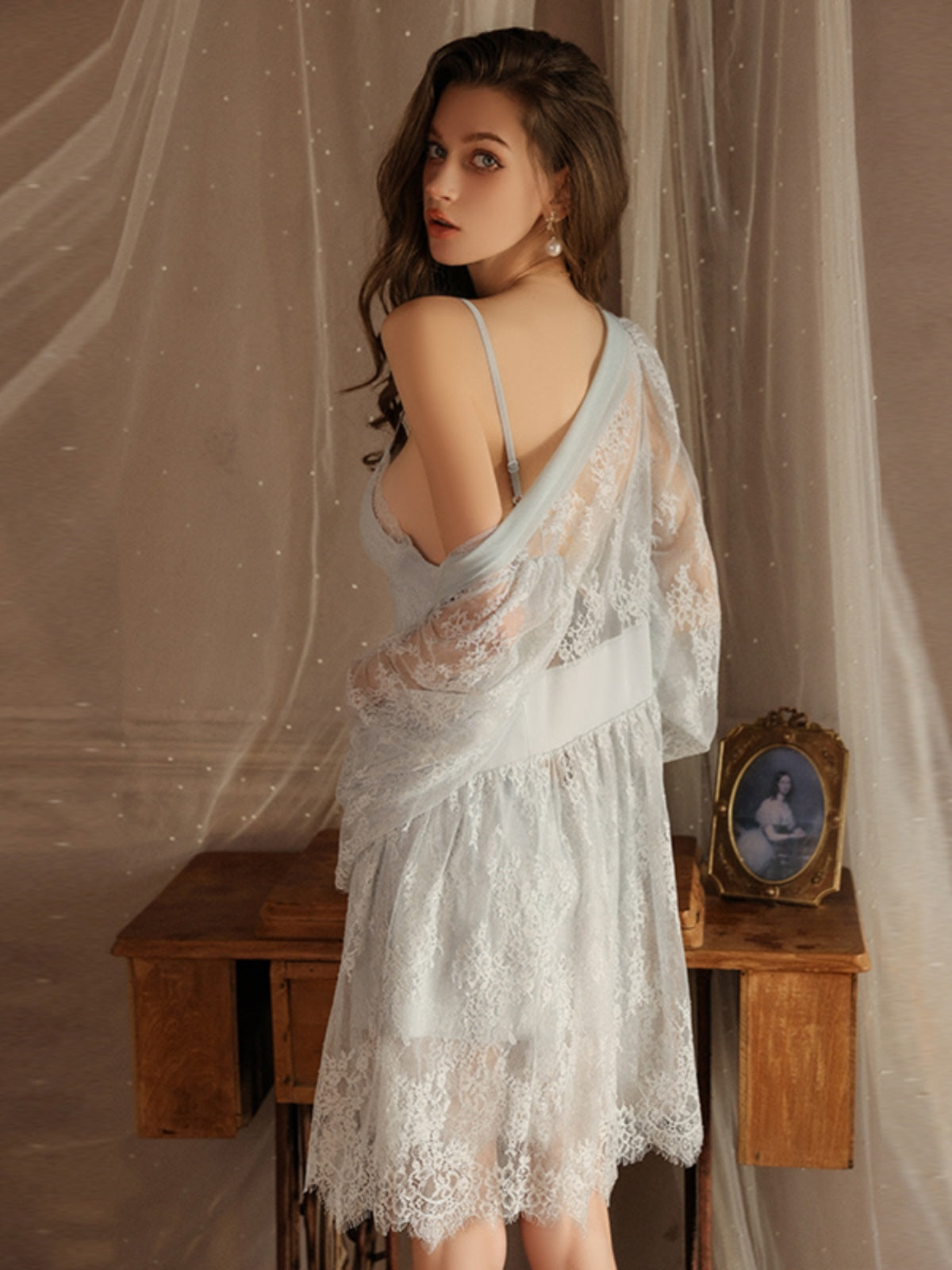 Romantic Allure Light Blue Lace Babydoll Nightdress with Matching Robe Set