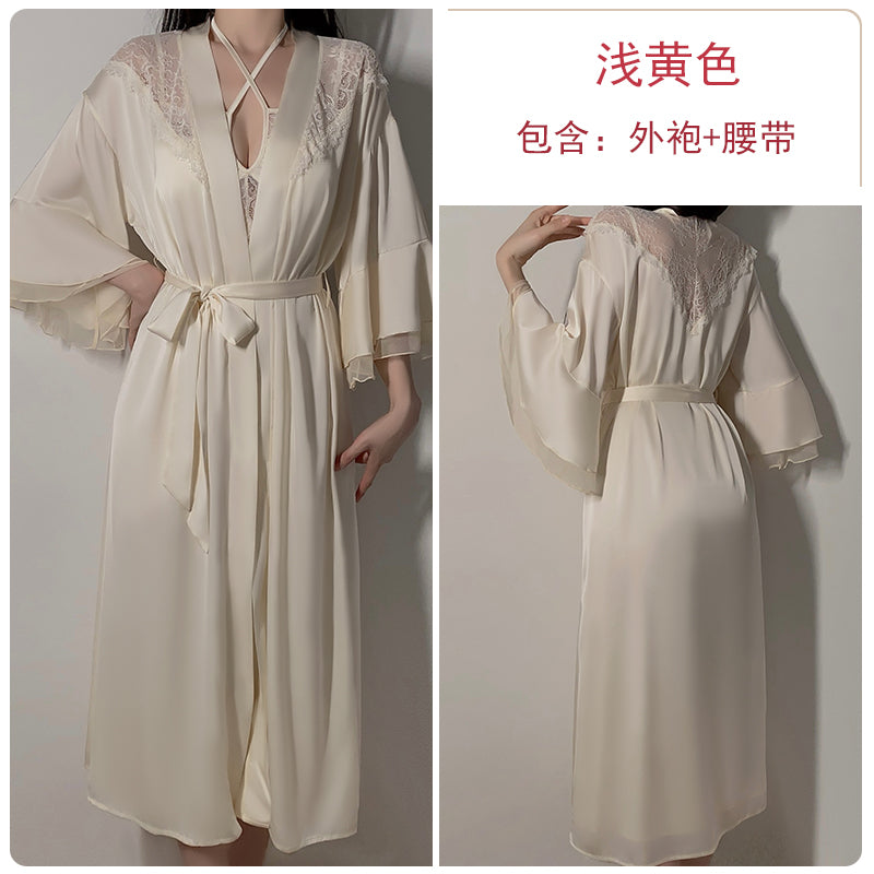 Alluring and Graceful: Flesh - toned Satin Lingerie Dress with Exquisite Lace Inserts, Cross - Halter Design, Paired with a Flowy Long Robe
