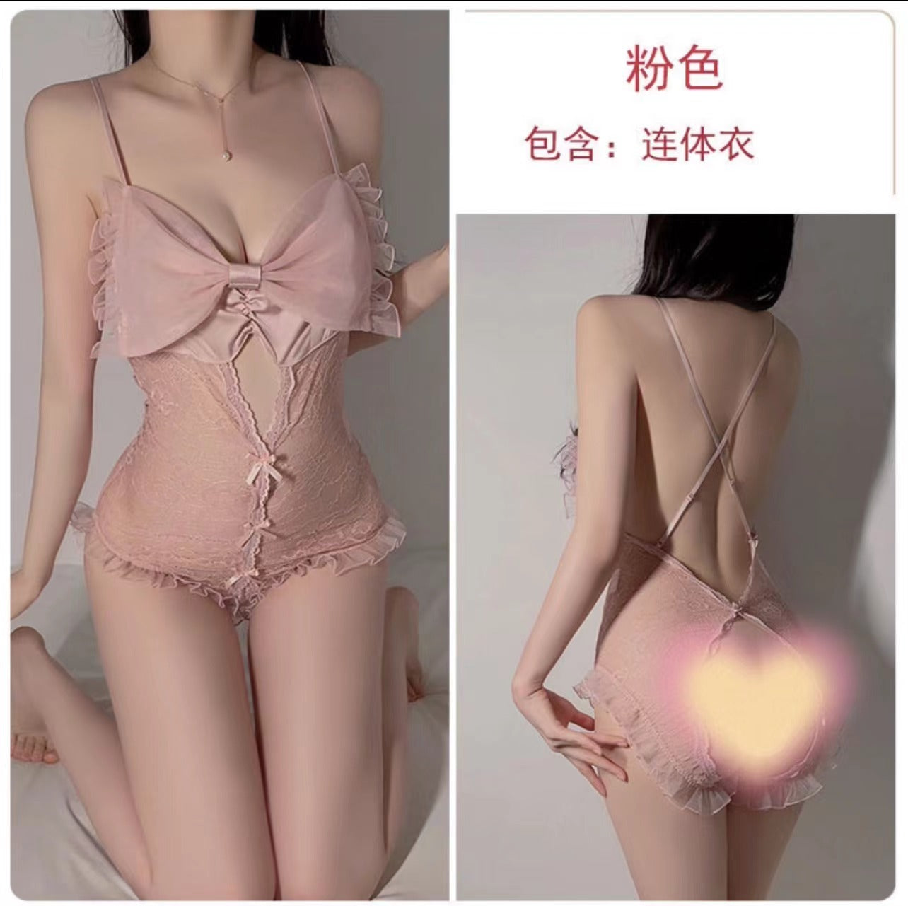 Sexy lingerie for women, pure and transparent mesh lace, bowknot, open-crotch jumpsuit, home clothes set White Lace Teddy with Bow and Ruffle Details