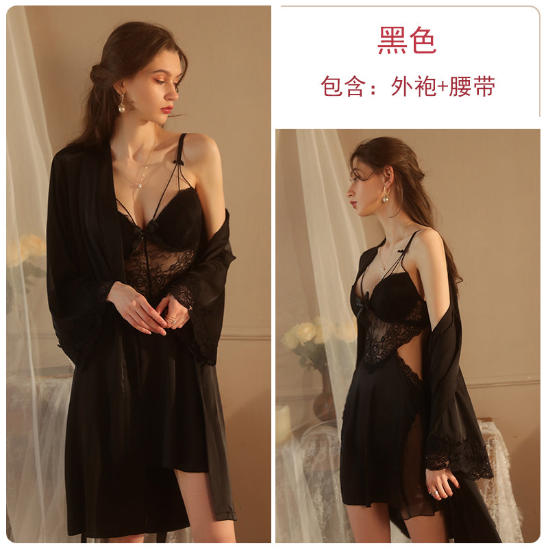 Seductive Black Lace - Paneled Satin Cami Babydoll Nightdress with Strappy Details for a Charming Look