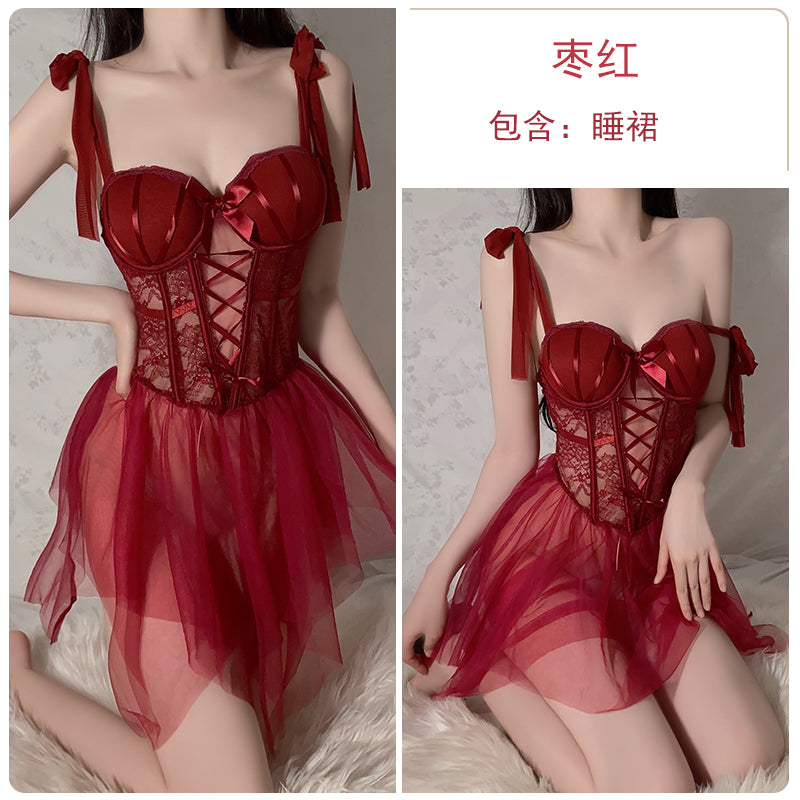 Exquisitely Seductive Red Satin and Lace Babydoll Homewear Chemise with Corset - inspired Detailing Pajamas