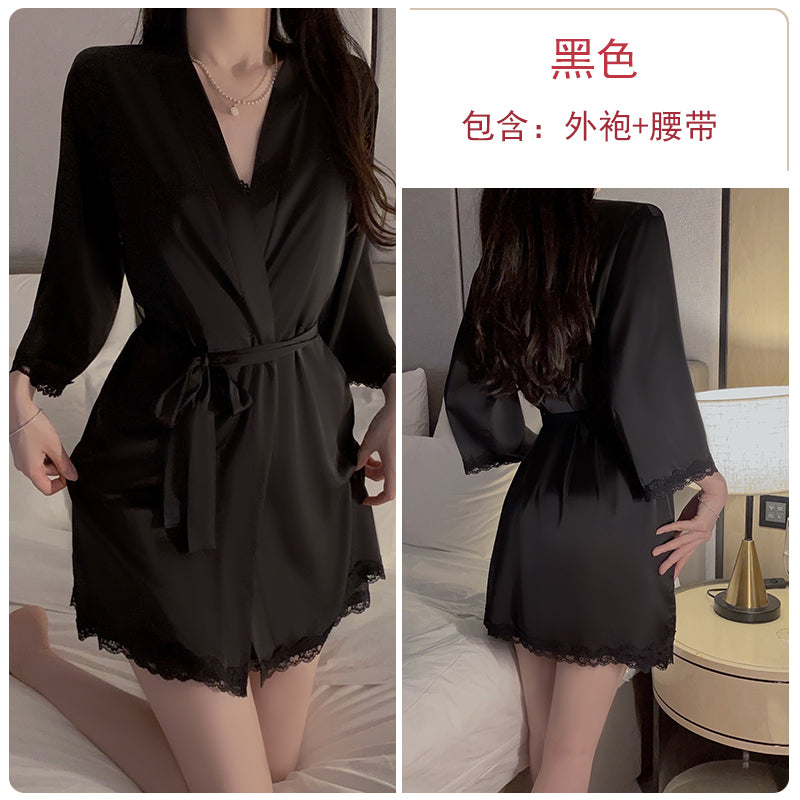 Romantic Allure: Seductive Red Sheer Lace Trimmed Camisole Nightdress with Matching Long Robe Set