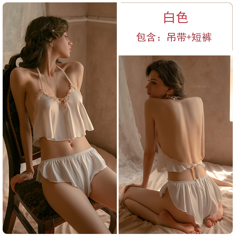 Sexy deep V lace pajamas for women in summer with small chest and large size in spring and autumn thin ice silk backless suspender shorts home clothes