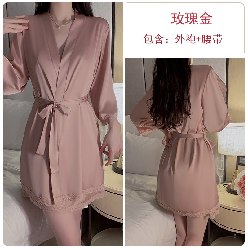 Romantic Allure: Seductive Red Sheer Lace Trimmed Camisole Nightdress with Matching Long Robe Set