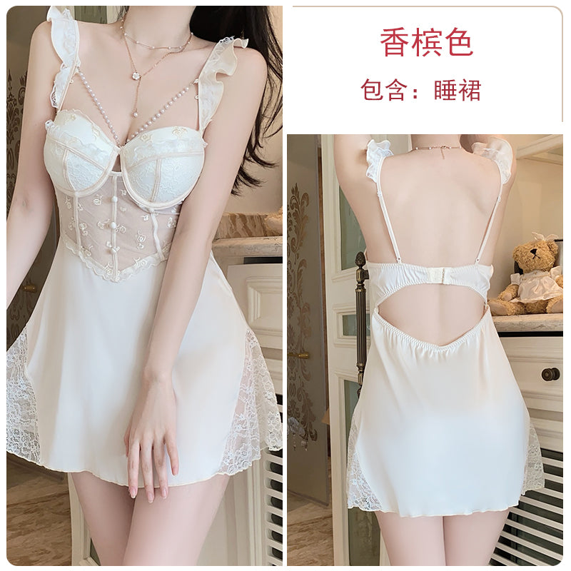 New summer style ice silk pajamas female lace underwear steel ring with chest pad suspenders nightdress home clothes