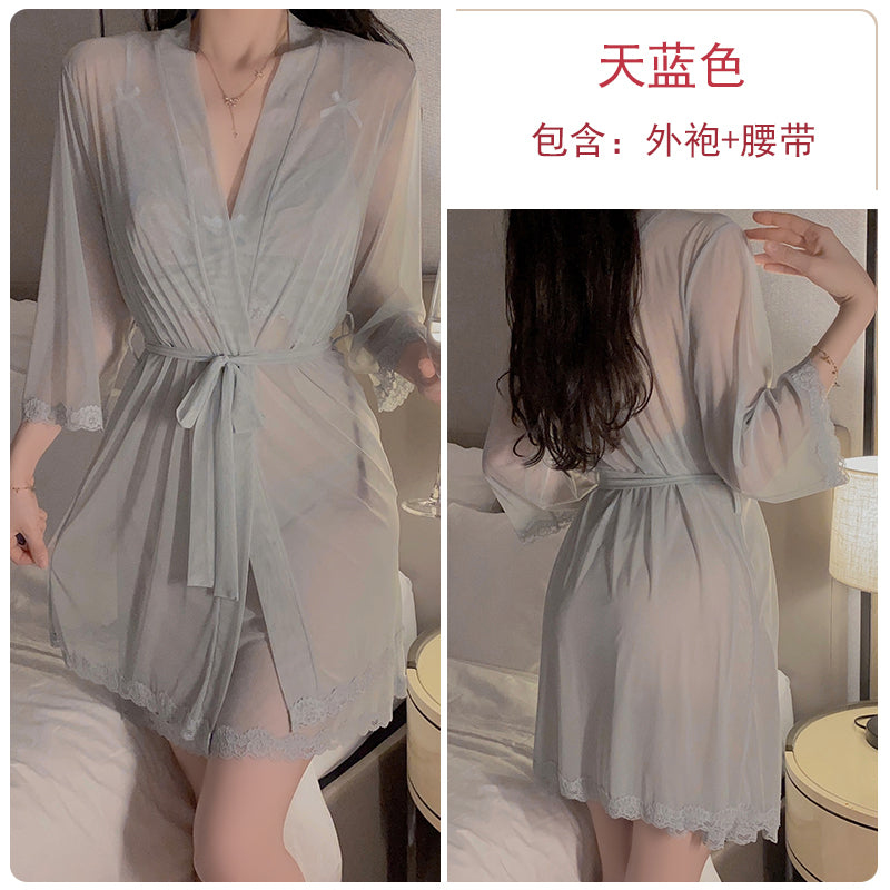 Romantic Allure: Seductive Red Sheer Lace Trimmed Camisole Nightdress with Matching Long Robe Set