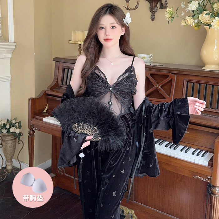 Pure sexy lace long-sleeved suspender chest pad three-piece suit autumn and winter gold velvet new pajamas and home wear