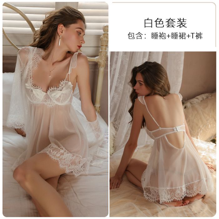 Abstinence pure desire style lace mesh suspender nightdress spring and summer thin sexy bow pajamas female home clothes fun sexy underwear