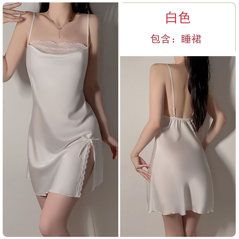 Sexy slit double-layer swing collar lace pajamas women summer French simple outer robe ice silk suspenders nightdress home clothes