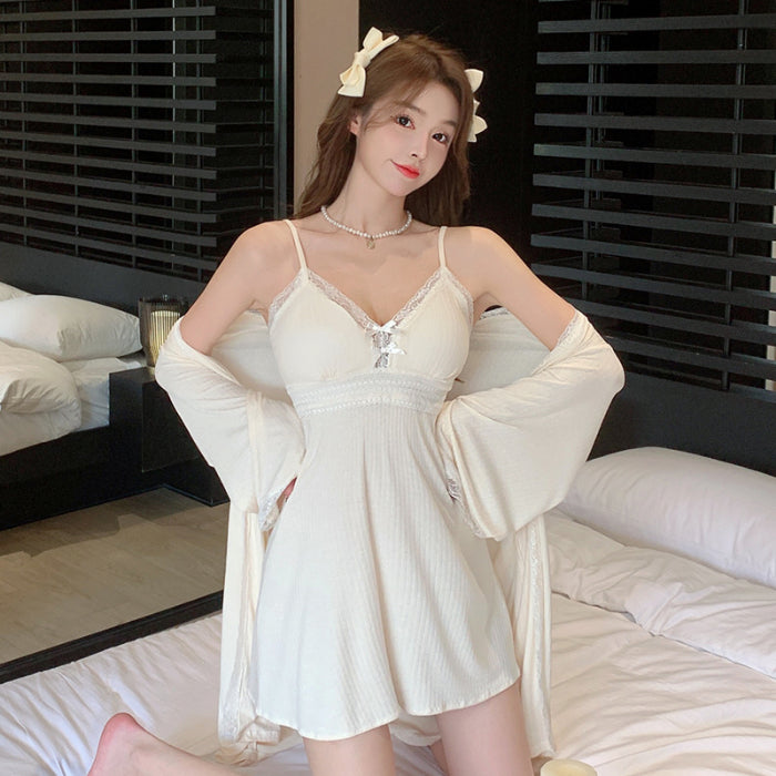 Glamorous Allure Black Satin Nightdress with White Lace Accents and Matching Robe