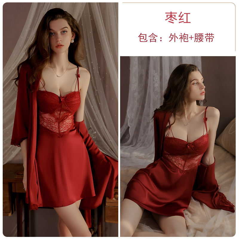 Summer new ice silk pajamas female lace temptation with chest pad gathered suspenders nightdress outer robe home clothes