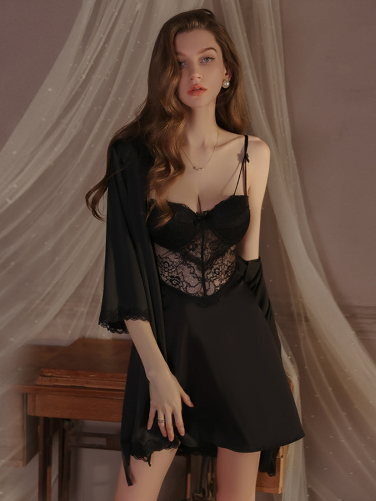 Summer new ice silk pajamas female lace temptation with chest pad gathered suspenders nightdress outer robe home clothes