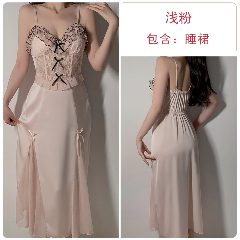 Romantic soft pink temptation, lace stitching satin nightgown with detachable tulle shawl, ruffles and lace embellishments, showing elegance and sexiness.