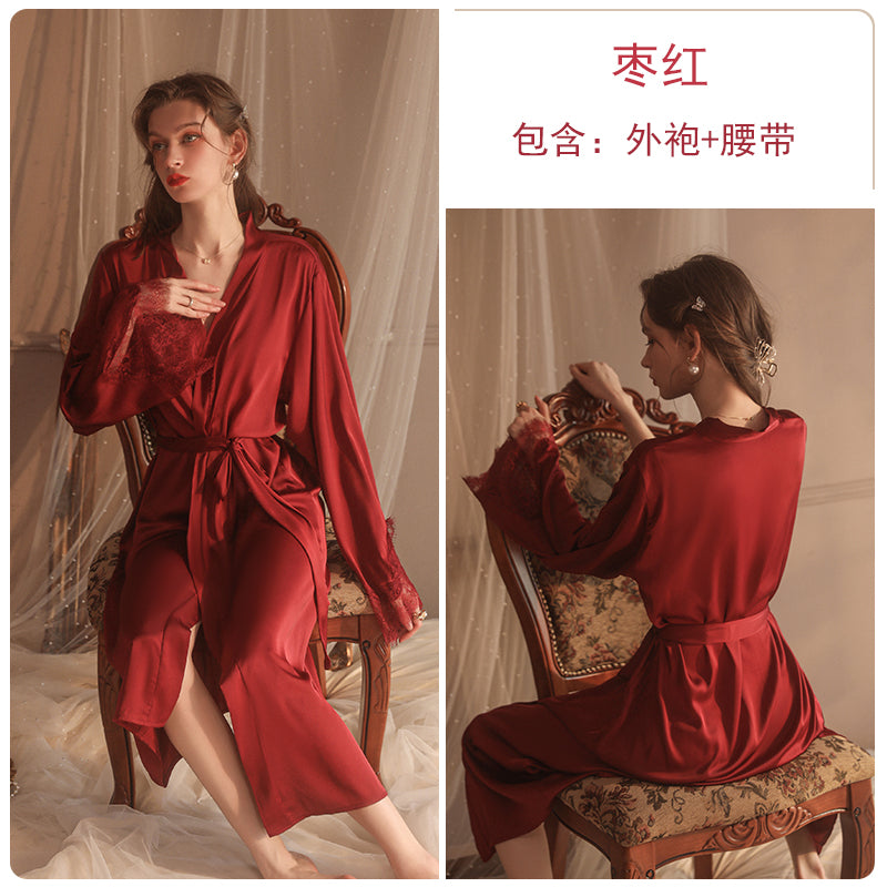 Luxurious Red Satin Robe with Lace Detailing – Elegant Sleepwear