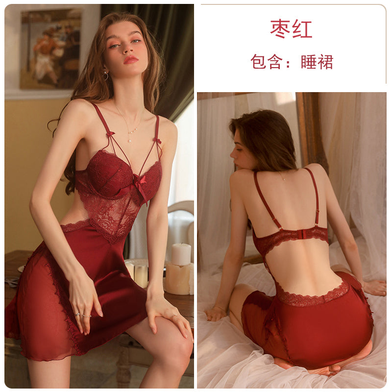 Seductive Black Lace - Paneled Satin Cami Babydoll Nightdress with Strappy Details for a Charming Look