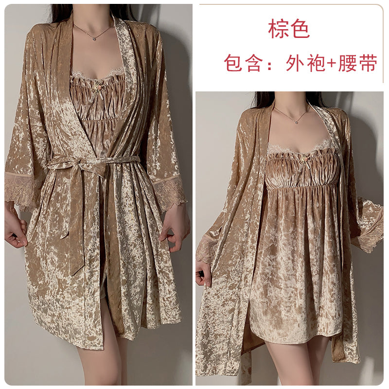 Glamorous and Graceful: Ivory Satin Babydoll with Delicate Lace Trim and Matching Long - Sleeved Robe with Lace - Paneled Cuffs Pajamas Loungewear