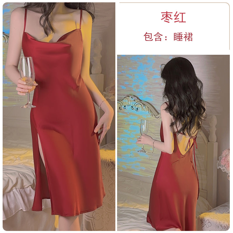 Passionate Allure Sultry Scarlet Satin Cami Nightdress with High - Slit Detail and Coordinating Robe for a Luxurious Loungewear Experience