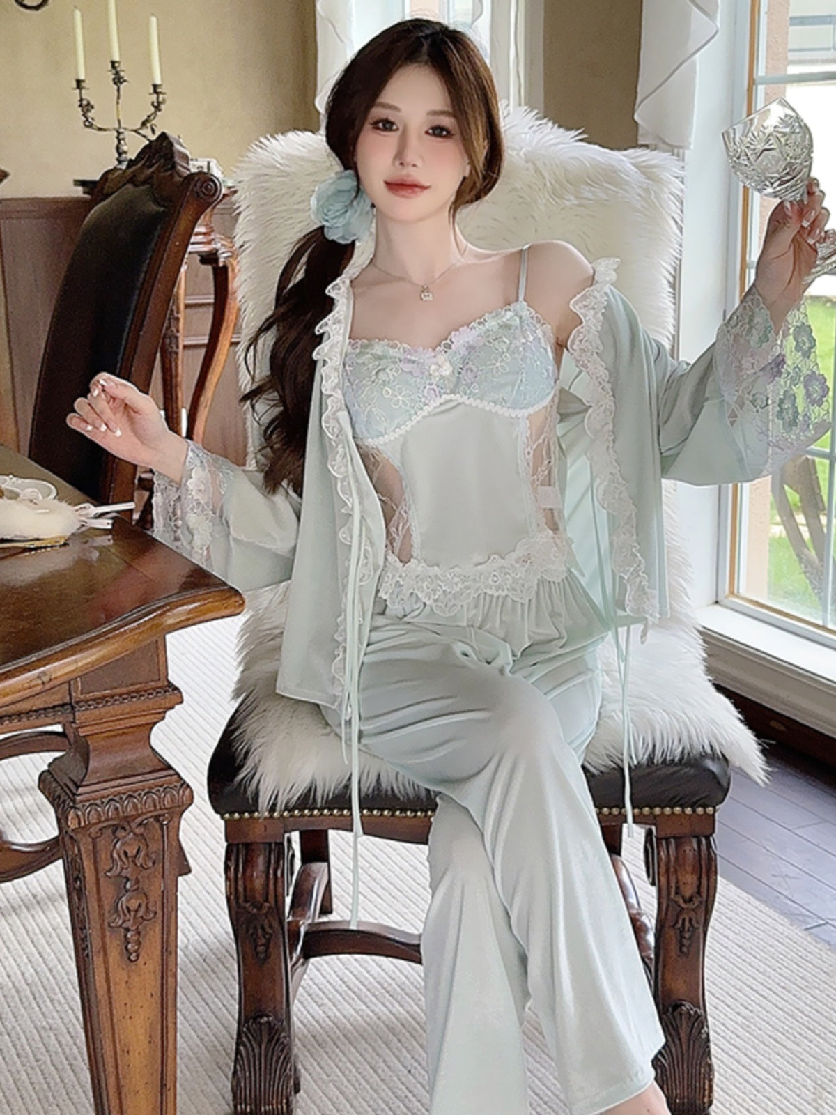 Romantic Allure Light Blue Satin and Lace Three - piece Pajama Set with Delicate Floral Details for a Dreamy Night