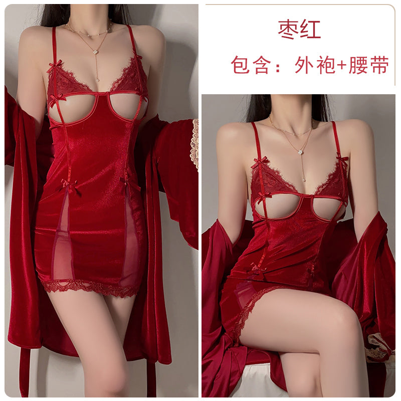 Exquisitely Tempting: Black Velvet Lingerie Dress with Mesh Inserts and Bow Embellishments, Paired with a Luxurious Lace - Cuffed Robe Sexy Pajamas